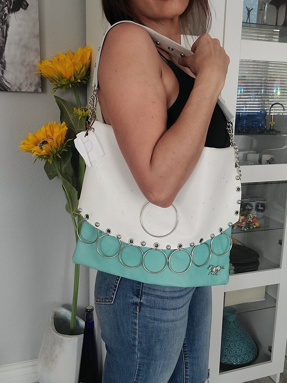 Leather White and Mint Ring-Accent Shoulder Bag